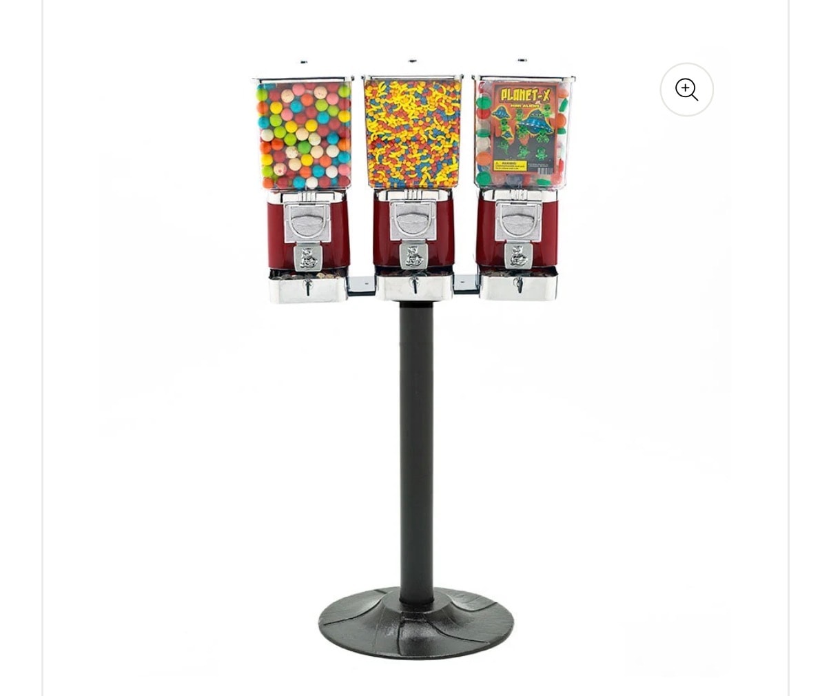 Triple-head vintage style bulk candy vending machine on black pedestal